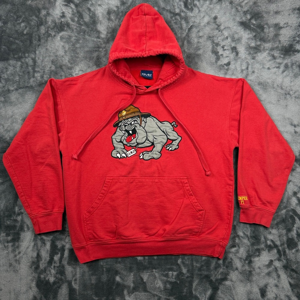 Old Varsity Brand USMC Hoodie Mens Large Red Bulldog Embroidered Semper Fi